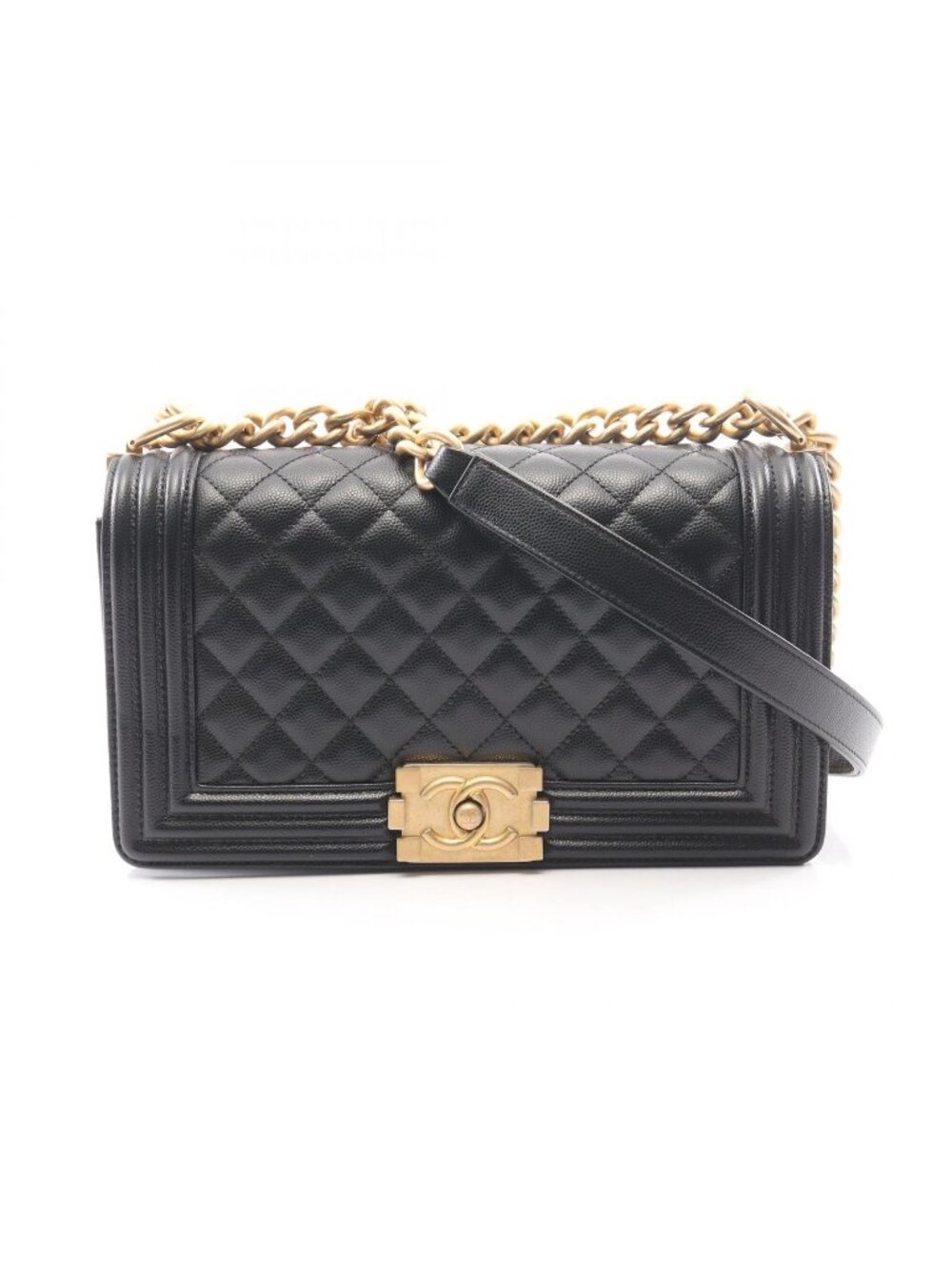 Chanel Shoulder Bag Boy Black Caviar Leather Boy Chain